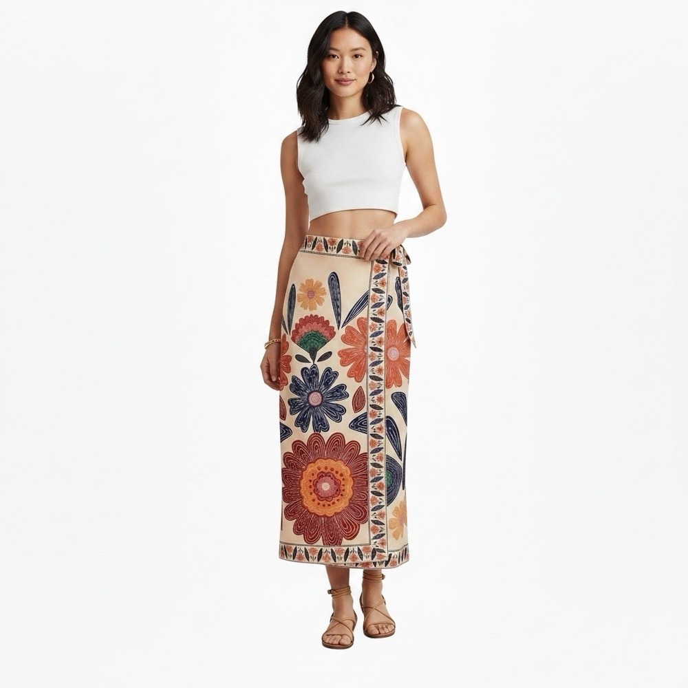 Bohemian‎ Resort Chic Long Straight True Wrap Skirt XS Big Floral Print Artsy